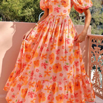 Puff Sleeve Printed A-line Shirred Dress