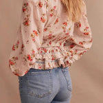 V-Neck Floral Print Waist-Cinched Ruffle Blouse