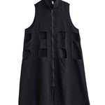 Loose Sleeveless Hollow Solid Color Zipper Lapel Midi Dresses