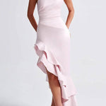 YES I DO Satin One Shoulder Ruched Slit Ruffles Maxi Dress