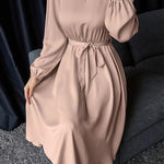Loose Puff Sleeves Elasticity Pleated Solid Color Split-Joint Tied Waist Round-Neck Midi Dresses