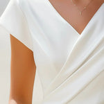 Loose Short Sleeves Asymmetric Pleated Solid Color Split-Joint V-Neck T-Shirts Tops