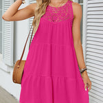 A-Line Loose Hollow Pleated Solid Color Split-Joint Round-Neck Mini Dresses