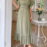 A-Line High Waisted Pleated Ruffle Trim Split-Joint Zipper Square-Neck Midi Dresses