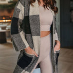 Khaki Plaid Print Pocket Open Front Long Cardigan