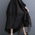 Batwing Sleeves Loose Asymmetric Flower Shape Gauze Jacquard Pleated Solid Color Split-Joint Round-Neck Midi Dresses