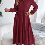 High Waisted Long Sleeves Pleated Ruffled Solid Color Lapel Midi Dresses Shirt Dress