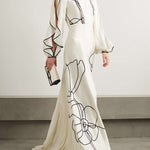 Loose Contrast Color Falbala Flower Print Hollow Zipper Maxi Dresses
