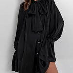 A-Line Flared Sleeves Buttoned Elasticity Pleated Solid Color Tied Zipper Stand Collar Mini Dresses