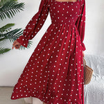 High Waisted Long Sleeves Pleated Polka Dot Ruffled Square-Neck Maxi Dresses Shirt Dress