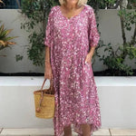 Women's Crushed Flower Printing V-Neck Medium and Long Dress Short Sleeve Dress