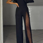 Stylish One Shoulder Slit Long Sleeve Mesh Splice Wide Leg Jumpsuit