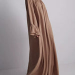 A-Line Flared Sleeves Pleated Solid Color Split-Joint Round-Neck Maxi Dresses