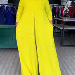 Loose Wide Leg Pockets Solid Color Round-Neck Jumpsuits