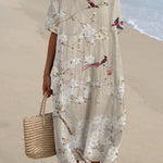 Women's Japanese Art Floral Bird Print Pocket Linen Dress(Convertible Dress With Front And Back Option)