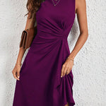 A-Line High Waisted Asymmetric Pleated Solid Color Split-Joint Round-Neck Midi Dresses
