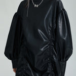 High-Low Long Sleeves Drawstring Pleated Solid Color Stand Collar Mini Dresses