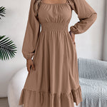 A-Line Elasticated Waist Pleated Ruffled Solid Color Square-Neck Midi Dresses