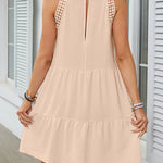A-Line Loose Hollow Pleated Solid Color Split-Joint Round-Neck Mini Dresses