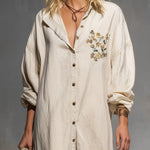 Loose Single-breasted Floral Embroidered Cotton And Linen Long-sleeved Maxi Dress