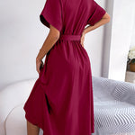 Loose Short Sleeves Solid Color Split-Joint Tied Waist Lapel Midi Dresses Shirt Dress