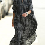 Batwing Sleeves Half Sleeves Buttoned Pockets Striped Round-Neck Beach Cover-Up Maxi Dresses