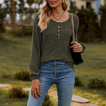 Women's Fall Button Scoop Neck Puff Long Sleeve Henley Shirts