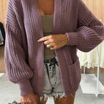 Solid Color V-neck Long-sleeved Casual Knitted Cardigan