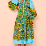 High Waisted Loose Puff Sleeves Belted Floral Printed Lapel Midi Dresses