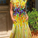 A-Line Loose Flower Print Round-Neck Midi Dresses