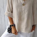 V-neck cotton and linen button top