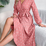 A-Line High Waisted Elasticity Pleated Polka-Dot Split-Joint Tied Waist V-Neck Midi Dresses Shirt Dress