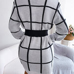 Elasticated Waist Long Sleeves Belted Contrast Color Plaid Round-Neck Mini Dresses Sweater Dresses
