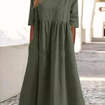 A-Line Half Sleeves Pleated Pockets Solid Color Round-Neck Midi Dresses