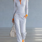 Fashionable Sporty Gray-blue Long-sleeved Half-zip Top And Trousers Set