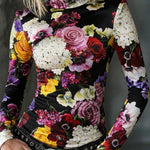 Long Sleeves Skinny Contrast Color Flower Print High Neck T-Shirts Tops