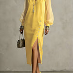 Long Sleeves Puff Sleeves Buttoned Pleated Pockets Solid Color Split-Side V-Neck Midi Dresses