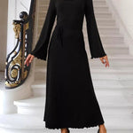 Long Sleeves Pleated Ruffled Solid Color Split-Joint Round-Neck Maxi Dresses