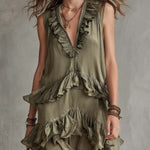 Boho Vintage Olive Ruffle V-Neck Tencel Mini Dress