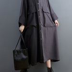 Casual Long Sleeves Loose Buttoned Contrast Color Split-Joint Lapel Collar Midi Dresses