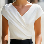 Loose Short Sleeves Asymmetric Pleated Solid Color Split-Joint V-Neck T-Shirts Tops