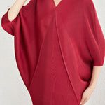 Batwing Sleeves Loose Pleated Solid Color V-Neck Midi Dresses