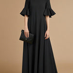 A-Line Flared Sleeves Pleated Solid Color Mock Neck Maxi Dresses