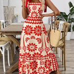 A-Line Loose Elasticity Flower Print Pleated Tied Spaghetti-Neck Midi Dresses