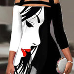 Irregular Clipping Three-Quarter Sleeves Figure Printed Cold Shoulder Blouses&Shirts Tops