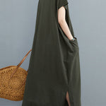 Simple Ramie Cotton Solid Color Split-Side With Pocket V-Neck Short Sleeves Maxi Dress