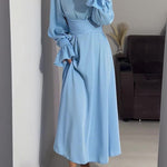 A-Line Long Sleeves Pleated Solid Color Tied Waist Zipper Mock Neck Maxi Dresses