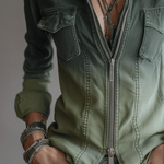 Casual Green Gradient Workwear Pocket Denim Zip-Up Blouse