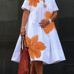 A-Line Loose Flower Print Pleated V-Neck Midi Dresses