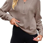 Waffle zipper V-neck pullover long-sleeved sweater